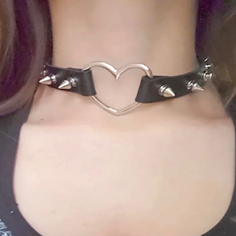 Black Leather Heart/Spike Necklace